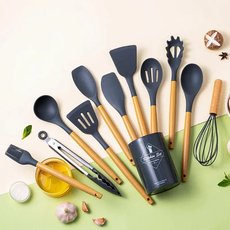 12 Piece Non Stick Silicone Cooking Utensil Set With Heat Resistant Handles