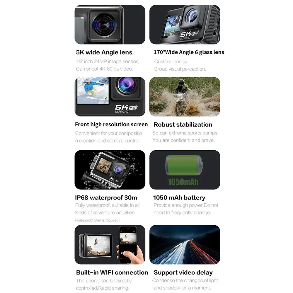 5k/30fps Wifi Hd Anti Shake Remote Touch Dual Screen Ip68 Waterproof Sports Camera