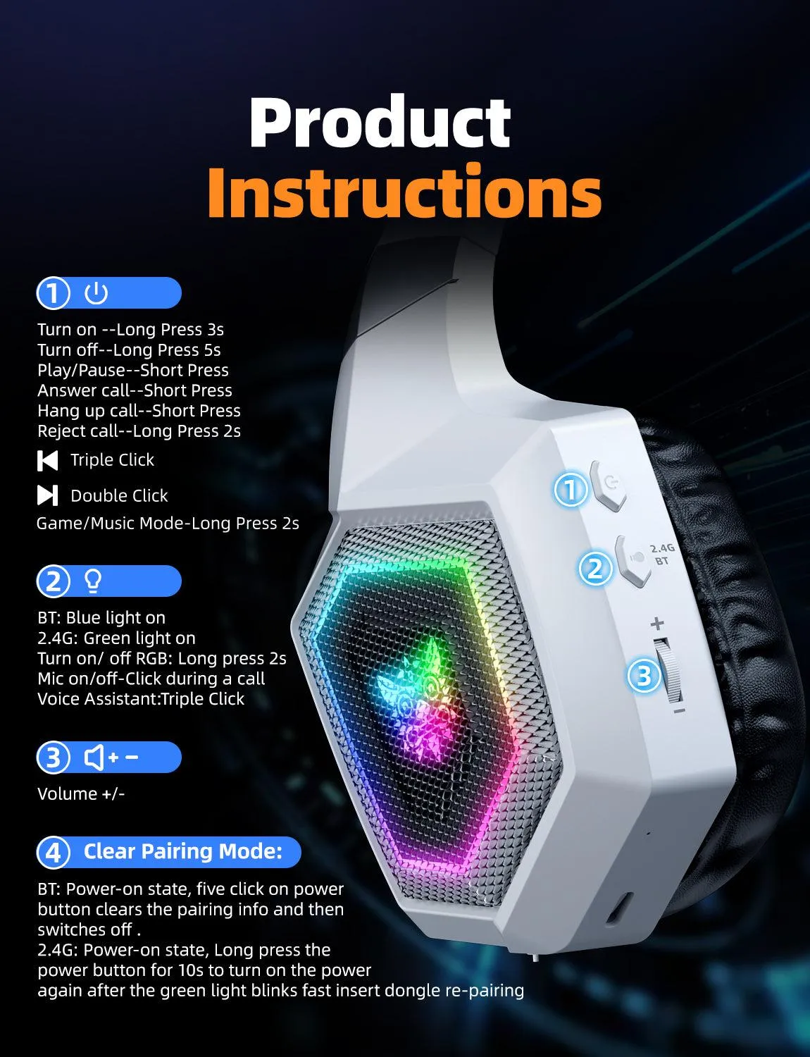 ONIKUMA GT806 Wireless Gaming Headset Headworn Bluetooth 2.4g Wireless Wired Three Mode Lightweight E-Sports Gamer Headphone