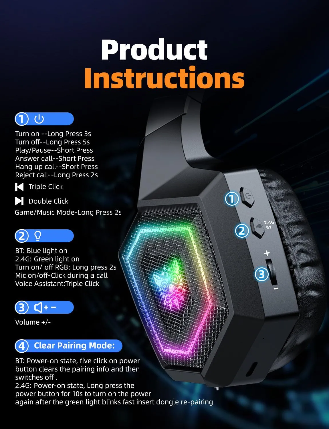 ONIKUMA GT806 Wireless Gaming Headset Headworn Bluetooth 2.4g Wireless Wired Three Mode Lightweight E-Sports Gamer Headphone