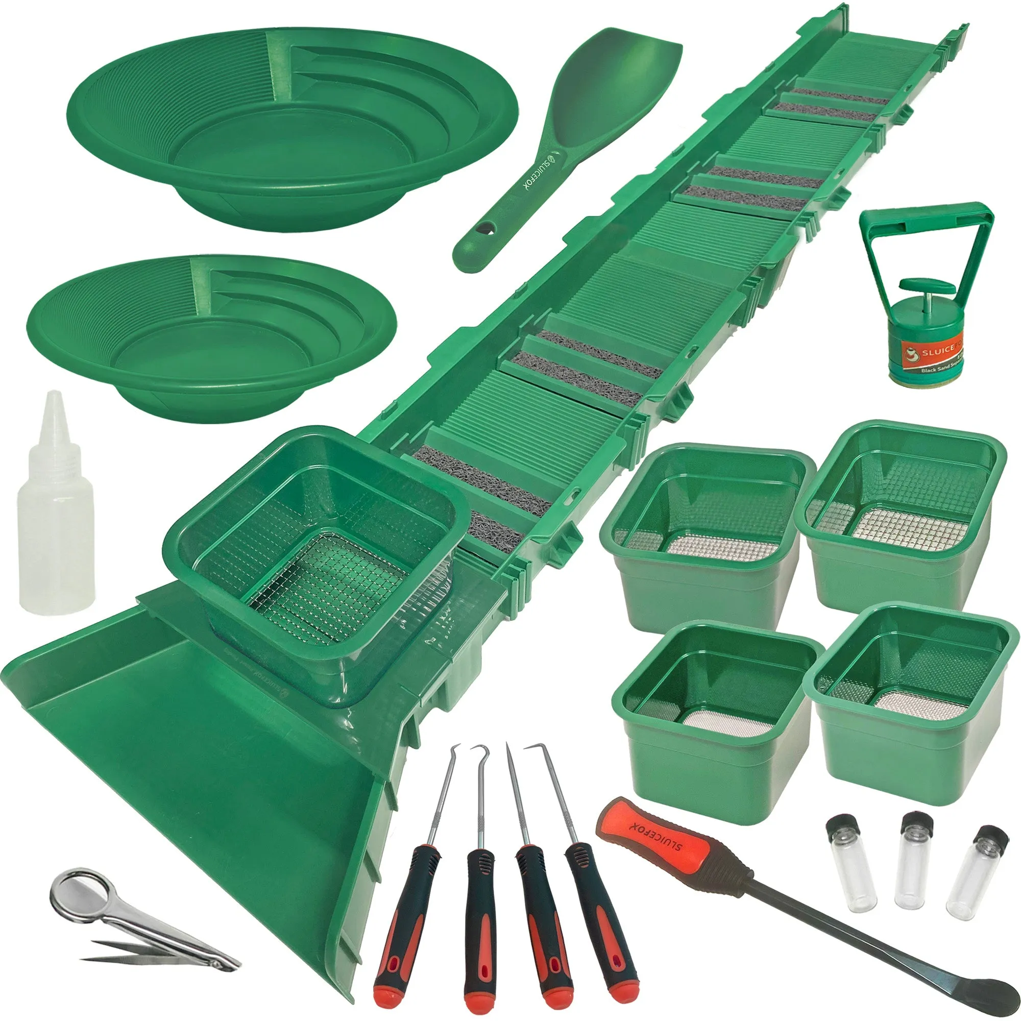 Sluice Box Compact Gold Panning Kit; Portable Sluice Box and 5 Classifier Sifting Pans; Patented Prospecting Tool Set - Black, 31"