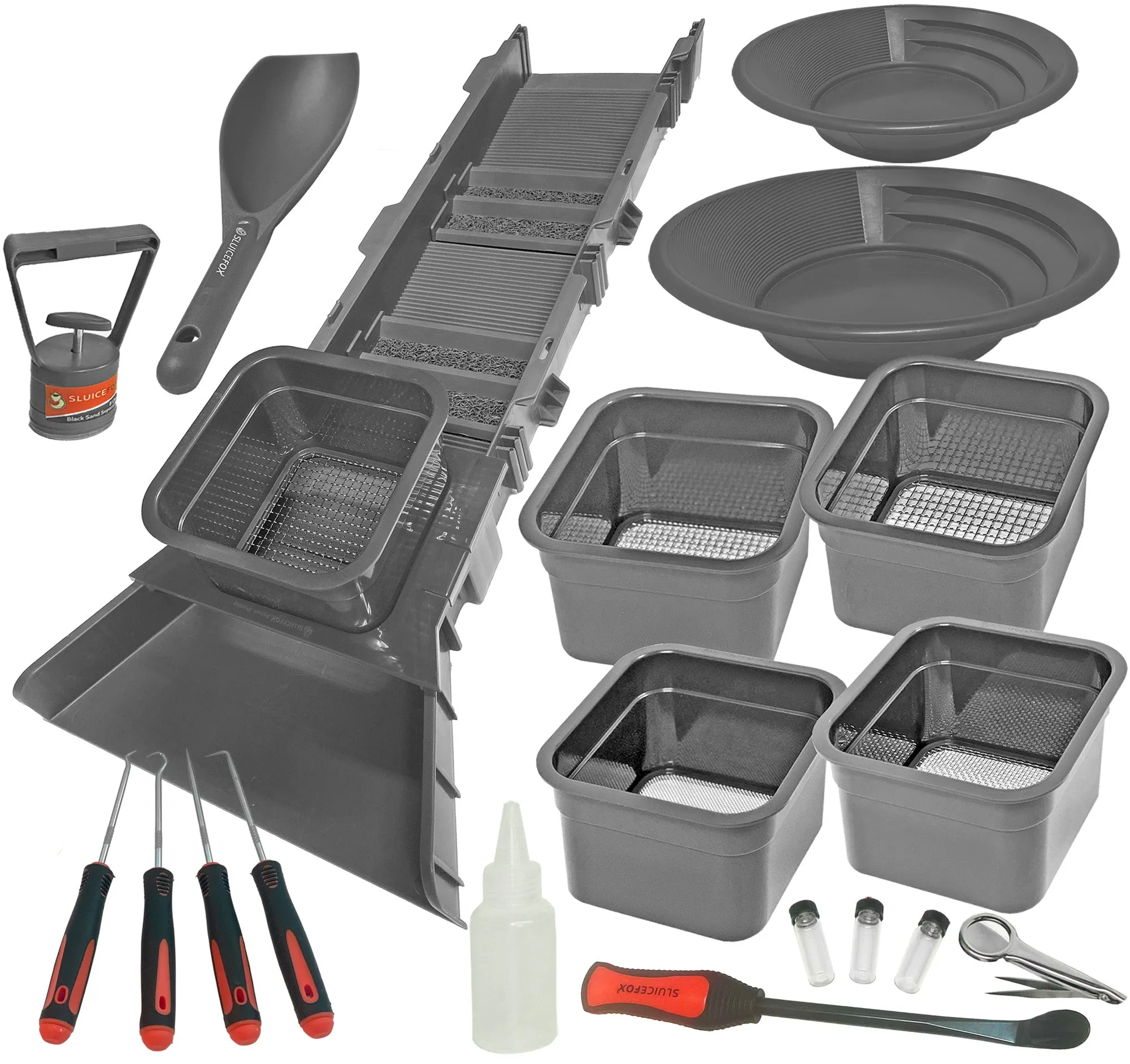 Sluice Box Compact Gold Panning Kit; Portable Sluice Box and 5 Classifier Sifting Pans; Patented Prospecting Tool Set - Black, 31"